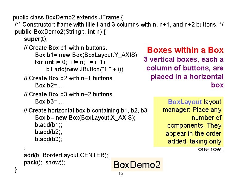public class Box. Demo 2 extends JFrame { /** Constructor: frame with title t