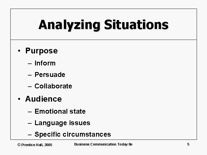 Analyzing Situations • Purpose – Inform – Persuade – Collaborate • Audience – Emotional