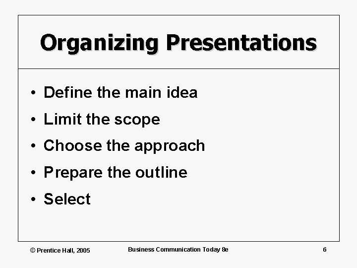 Organizing Presentations • Define the main idea • Limit the scope • Choose the