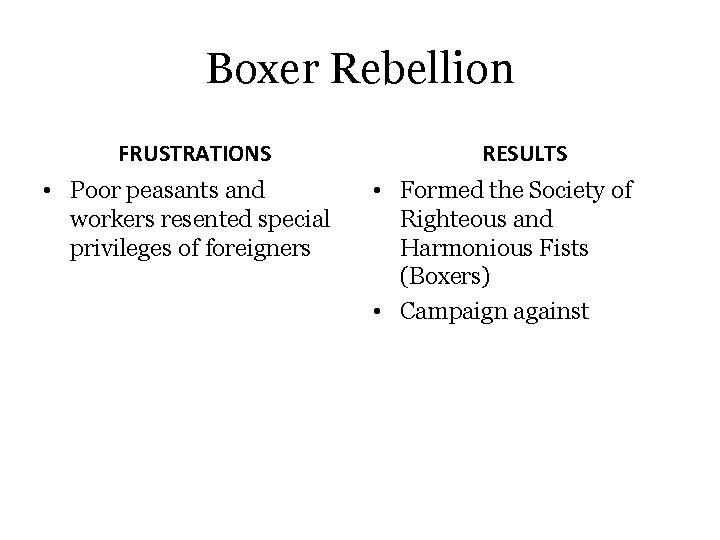 Boxer Rebellion FRUSTRATIONS • Poor peasants and workers resented special privileges of foreigners •