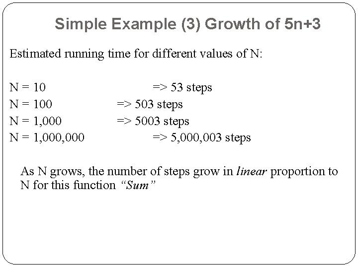 Simple Example (3) Growth of 5 n+3 Estimated running time for different values of