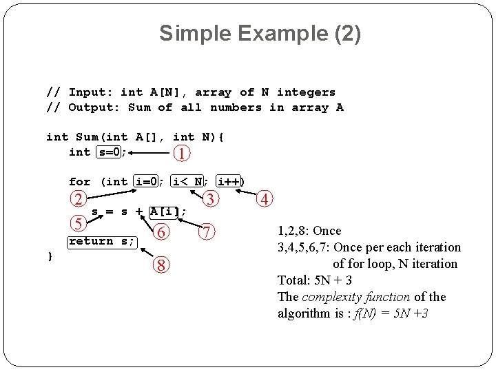 Simple Example (2) // Input: int A[N], array of N integers // Output: Sum