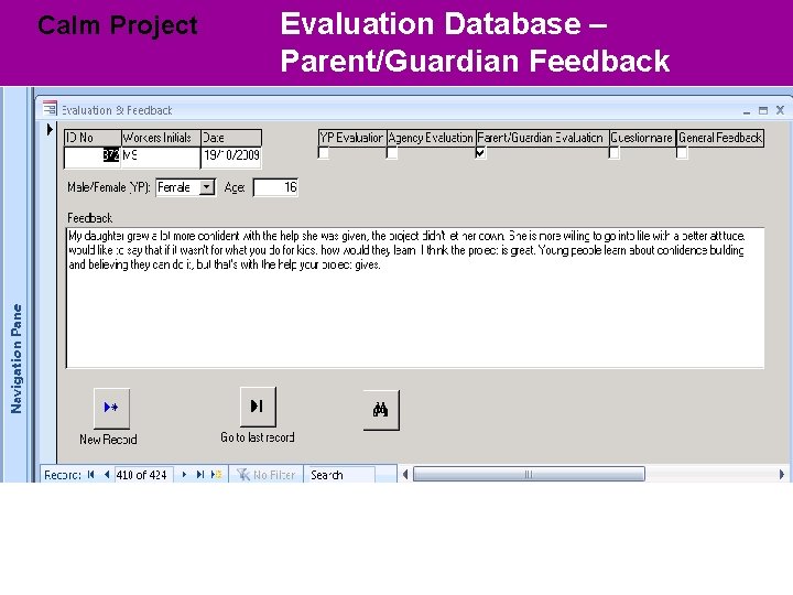 Calm Project Evaluation Database – Databases Parent/Guardian Feedback 