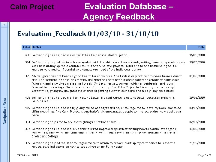 Calm Project Evaluation Database – Databases Agency Feedback 