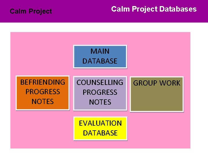 Calm Project Databases MAIN DATABASE BEFRIENDING PROGRESS NOTES COUNSELLING PROGRESS NOTES EVALUATION DATABASE GROUP