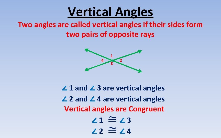 Vertical Angles Two angles are called vertical angles if their sides form two pairs
