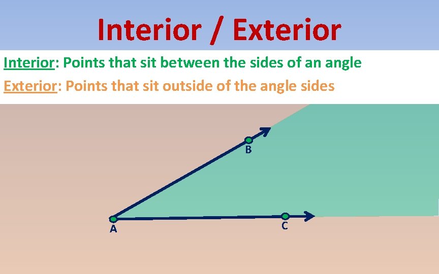 Interior / Exterior Interior: Points that sit between the sides of an angle Exterior: