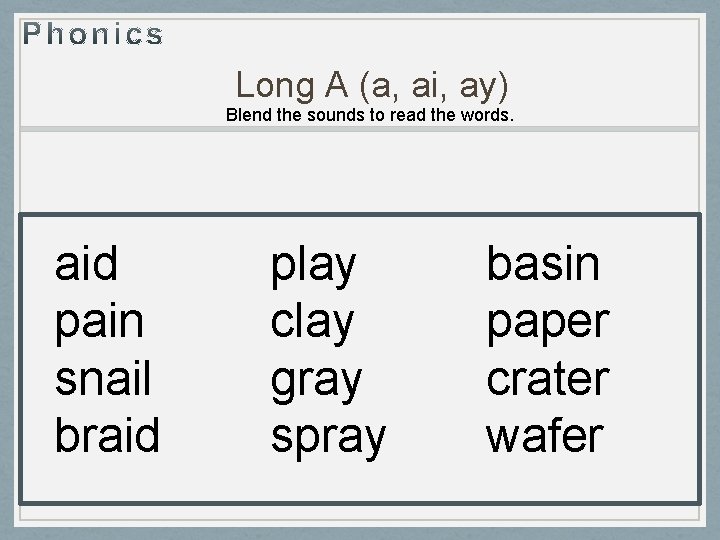 Long A (a, ai, ay) Blend the sounds to read the words. aid pain