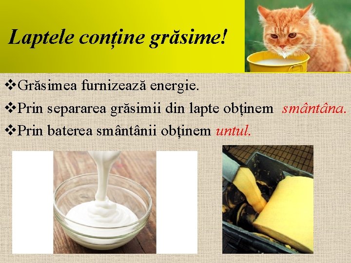 Laptele conține grăsime! v. Grăsimea furnizează energie. v. Prin separarea grăsimii din lapte obținem