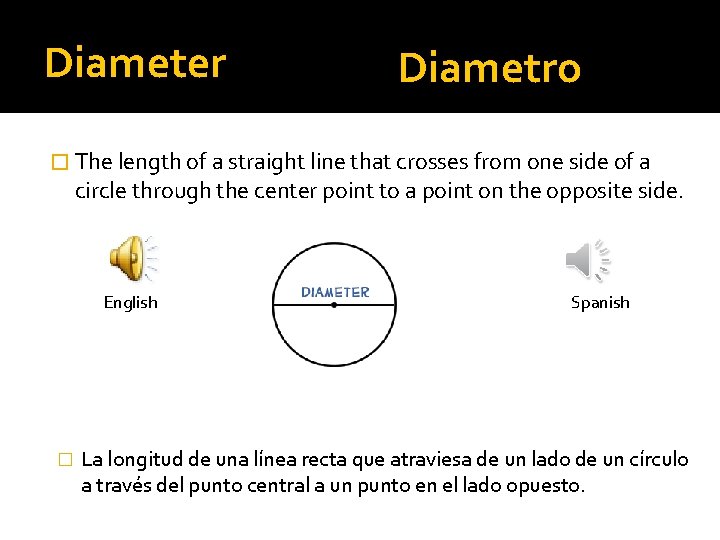 Diameter Diametro � The length of a straight line that crosses from one side