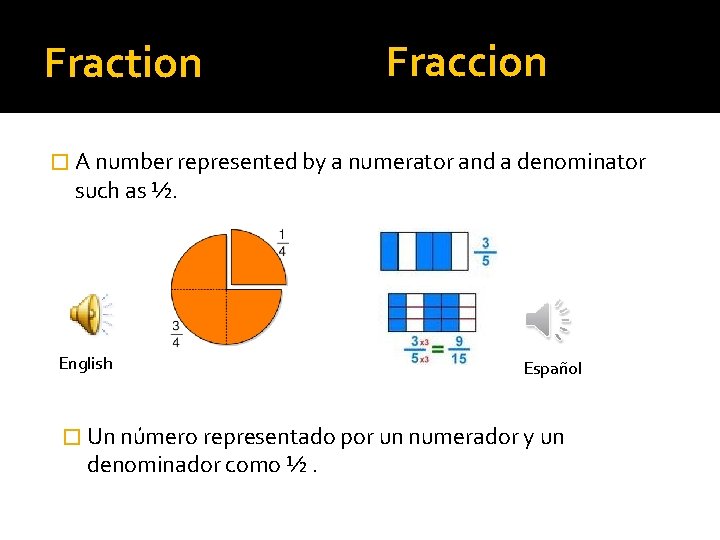 Fraction Fraccion � A number represented by a numerator and a denominator such as