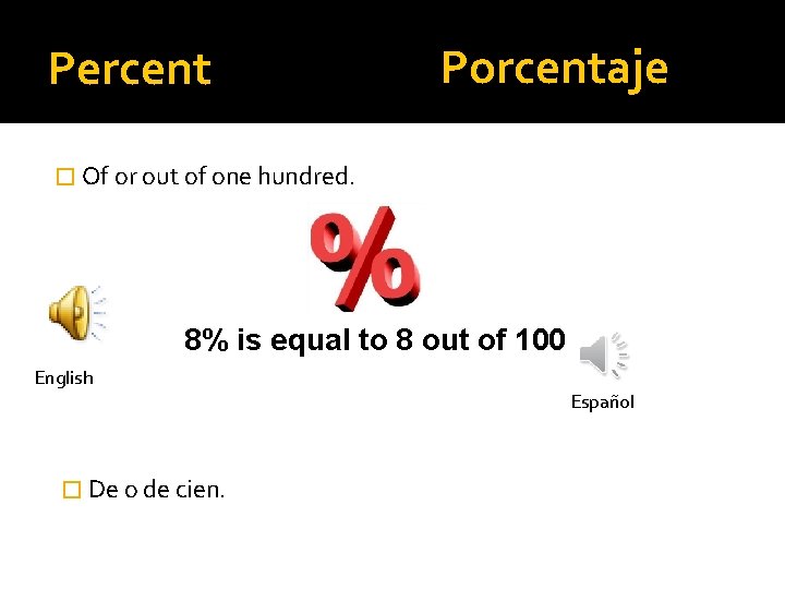 Percent Porcentaje � Of or out of one hundred. 8% is equal to 8