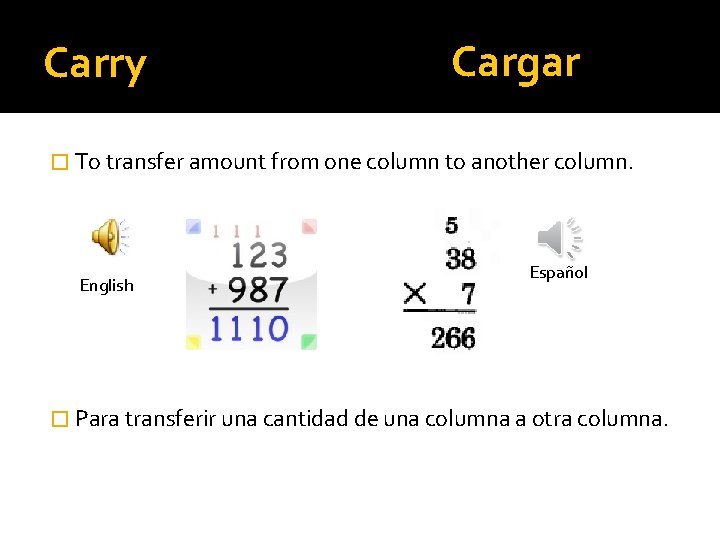 Carry Cargar � To transfer amount from one column to another column. English Español