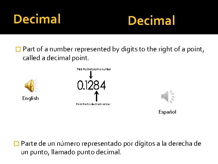 Decimal � Part of a number represented by digits to the right of a