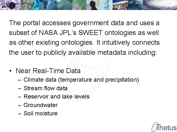The portal accesses government data and uses a subset of NASA JPL’s SWEET ontologies