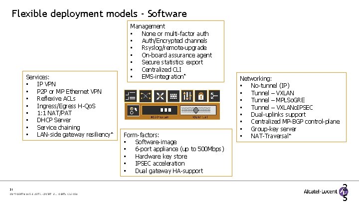 Flexible deployment models - Software Services: • IP VPN • P 2 P or