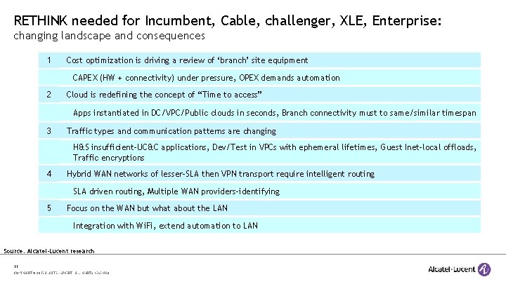 RETHINK needed for Incumbent, Cable, challenger, XLE, Enterprise: changing landscape and consequences 1 Cost