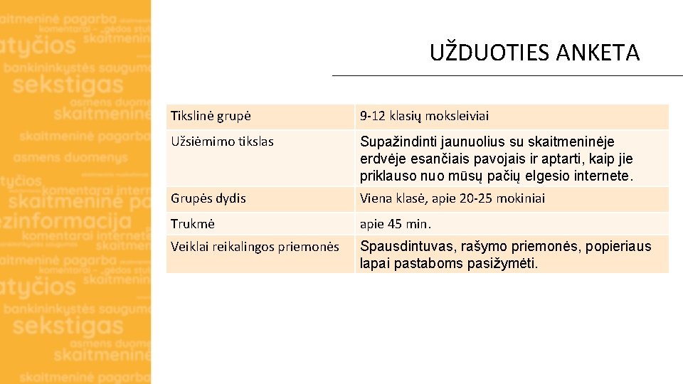 UŽDUOTIES ANKETA Tikslinė grupė 9 -12 klasių moksleiviai Užsiėmimo tikslas Supažindinti jaunuolius su skaitmeninėje