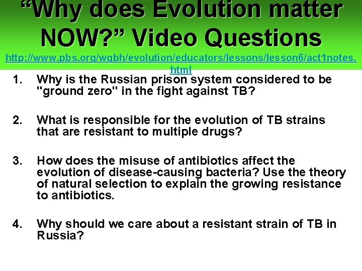 “Why does Evolution matter NOW? ” Video Questions http: //www. pbs. org/wgbh/evolution/educators/lesson 6/act 1 “Why does Evolution matter NOW? ” Video Questions http: //www. pbs. org/wgbh/evolution/educators/lesson 6/act 1