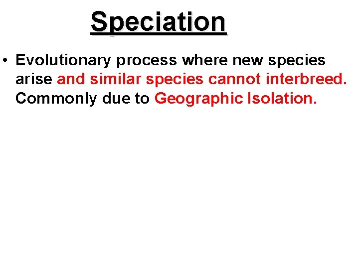 Speciation • Evolutionary process where new species arise and similar species cannot interbreed. Commonly Speciation • Evolutionary process where new species arise and similar species cannot interbreed. Commonly