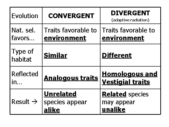 Evolution CONVERGENT DIVERGENT (adaptive radiation) Nat. sel. favors… Traits favorable to environment Type of Evolution CONVERGENT DIVERGENT (adaptive radiation) Nat. sel. favors… Traits favorable to environment Type of