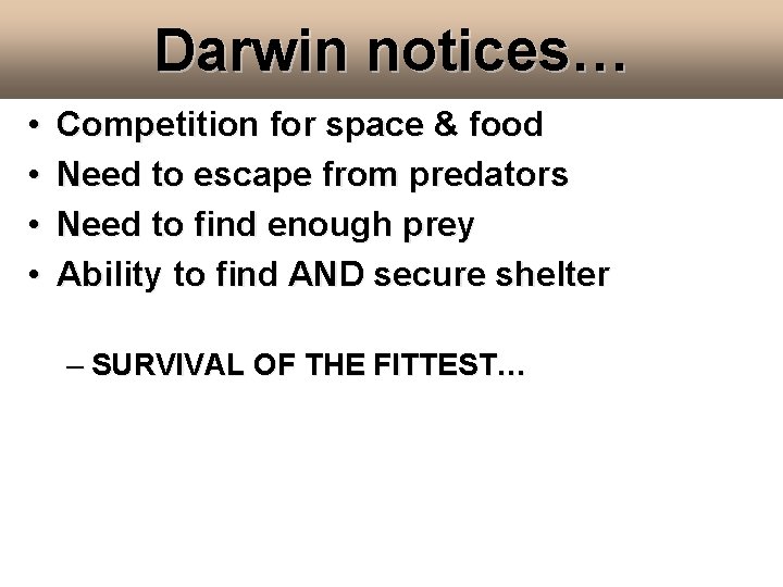 Darwin notices… • • Competition for space & food Need to escape from predators Darwin notices… • • Competition for space & food Need to escape from predators