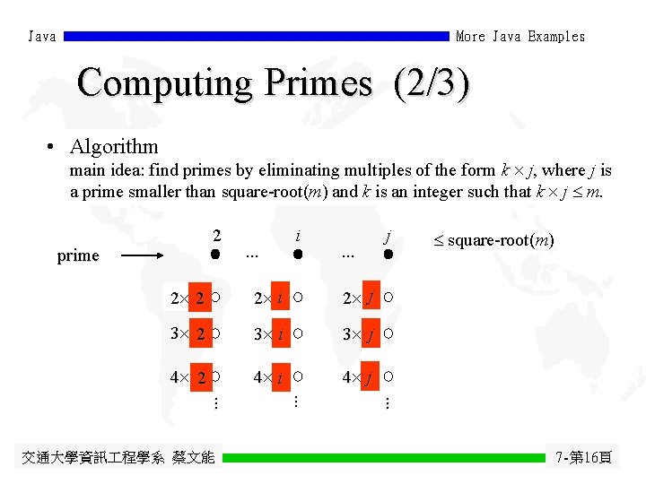 Java More Java Examples Computing Primes (2/3) • Algorithm main idea: find primes by