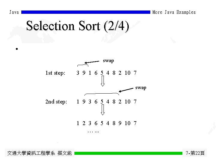 Java More Java Examples Selection Sort (2/4) • swap 1 st step: 3 9