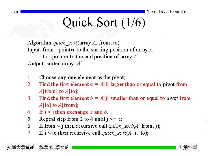 Java More Java Examples Quick Sort (1/6) Algorithm quick_sort(array A, from, to) Input: from