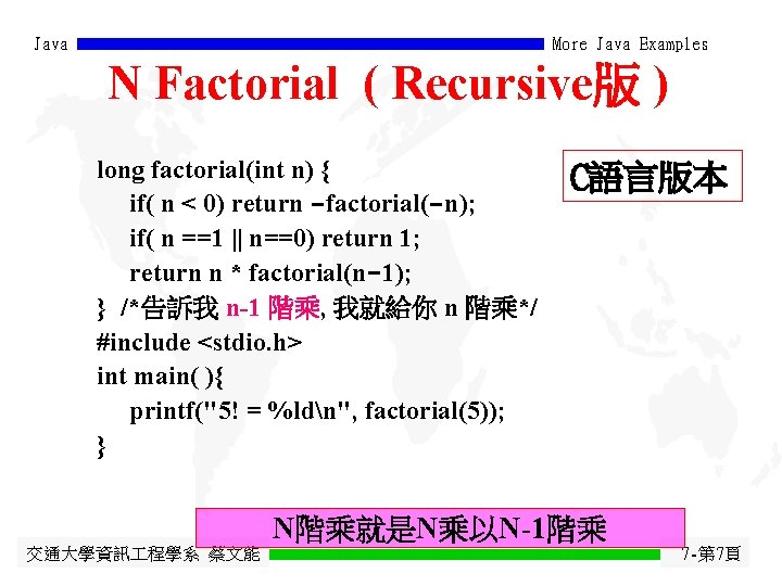 Java More Java Examples N Factorial ( Recursive版 ) long factorial(int n) { if(