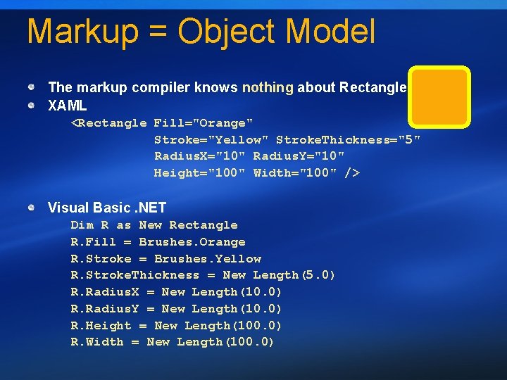 Markup = Object Model The markup compiler knows nothing about Rectangle XAML <Rectangle Fill="Orange"