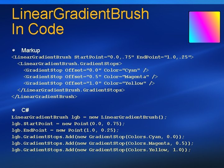 Linear. Gradient. Brush In Code Markup <Linear. Gradient. Brush Start. Point="0. 0, . 75"