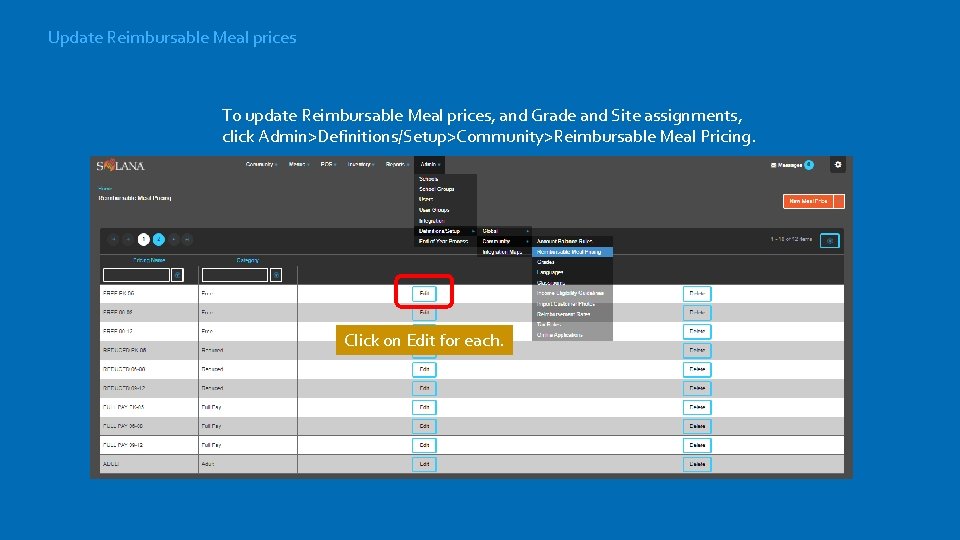 Update Reimbursable Meal prices To update Reimbursable Meal prices, and Grade and Site assignments,