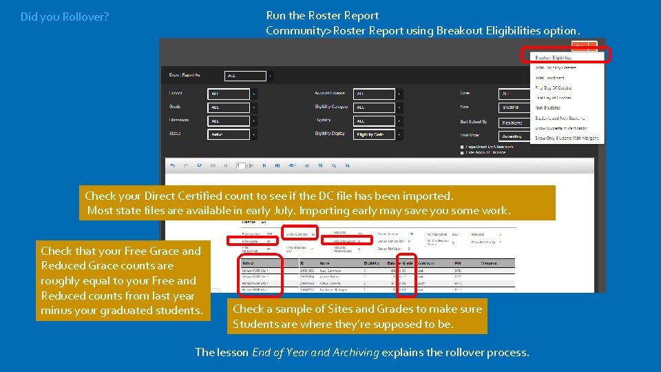 Run the Roster Report Community>Roster Report using Breakout Eligibilities option. Did you Rollover? Check