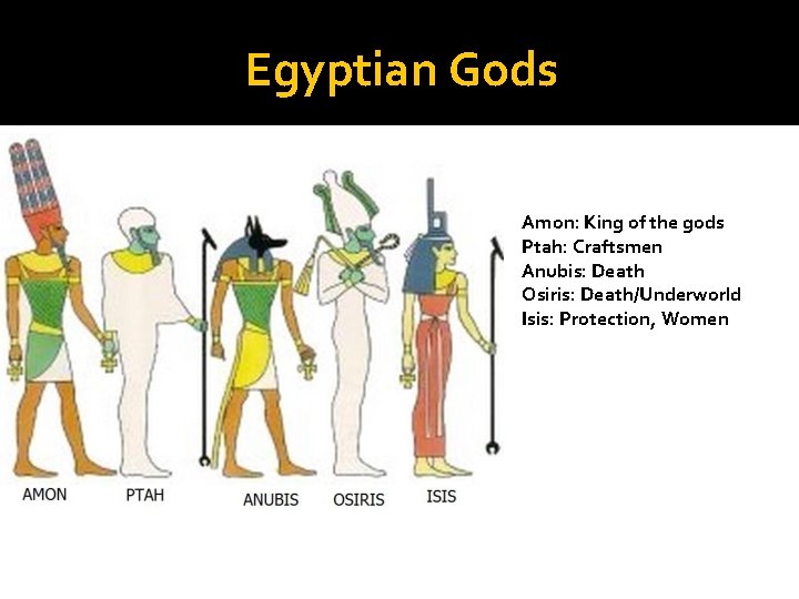 Egyptian Gods Amon: King of the gods Ptah: Craftsmen Anubis: Death Osiris: Death/Underworld Isis: