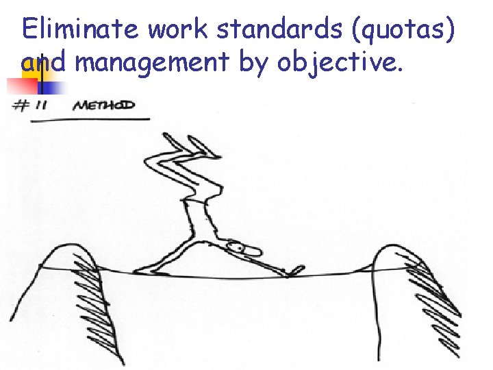Eliminate work standards (quotas) and management by objective. Eliminate work standards (quotas) and management by objective.