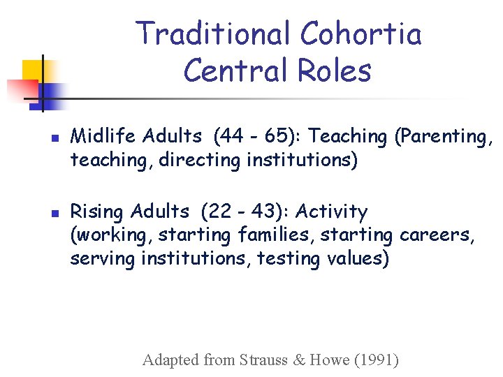 Traditional Cohortia Central Roles n n Midlife Adults (44 - 65): Teaching (Parenting, teaching, Traditional Cohortia Central Roles n n Midlife Adults (44 - 65): Teaching (Parenting, teaching,