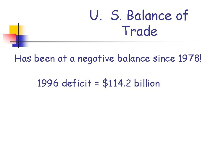 U. S. Balance of Trade Has been at a negative balance since 1978! 1996 U. S. Balance of Trade Has been at a negative balance since 1978! 1996