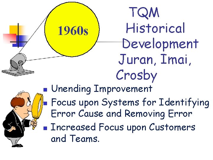 1960 s n n n TQM Historical Development Juran, Imai, Crosby Unending Improvement Focus 1960 s n n n TQM Historical Development Juran, Imai, Crosby Unending Improvement Focus