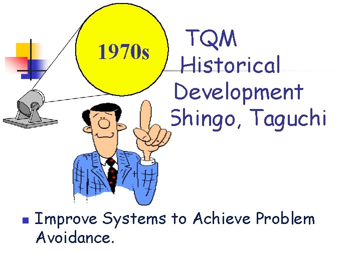 TQM 1970 s Historical Development Shingo, Taguchi n Improve Systems to Achieve Problem Avoidance. TQM 1970 s Historical Development Shingo, Taguchi n Improve Systems to Achieve Problem Avoidance.