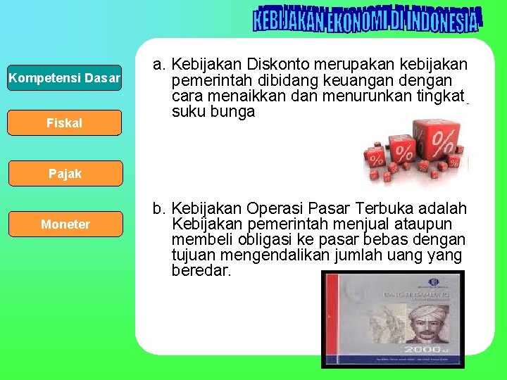 Kompetensi Dasar Fiskal a. Kebijakan Diskonto merupakan kebijakan pemerintah dibidang keuangan dengan cara menaikkan