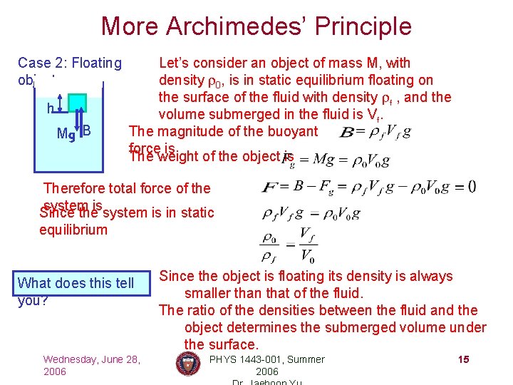 More Archimedes’ Principle Case 2: Floating object h Mg B Let’s consider an object