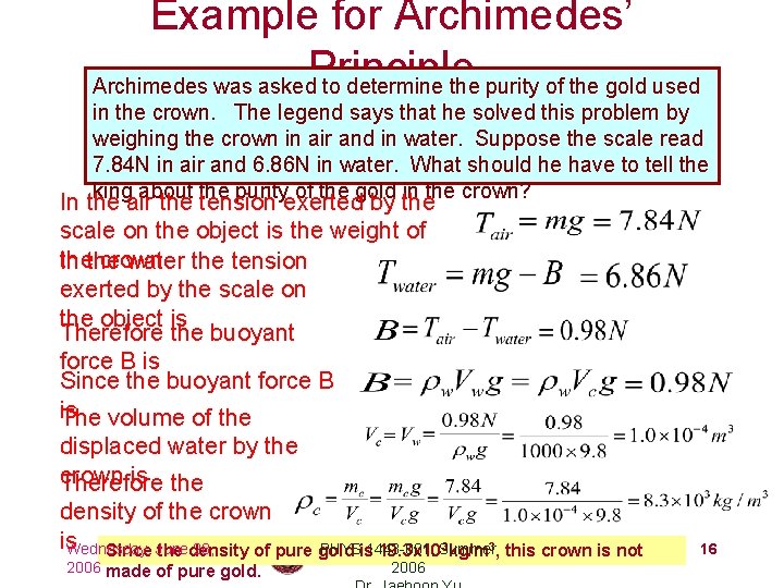 Example for Archimedes’ Principle Archimedes was asked to determine the purity of the gold