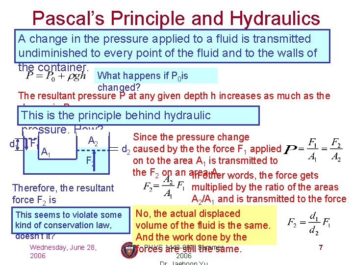 Pascal’s Principle and Hydraulics A change in the pressure applied to a fluid is