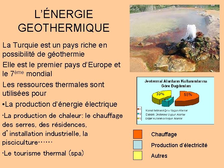 L’ÉNERGIE GEOTHERMIQUE La Turquie est un pays riche en possibilité de géothermie Elle est