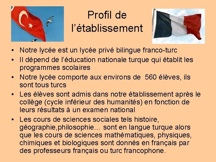 Profil de l’établissement • Notre lycée est un lycée privé bilingue franco-turc • Il