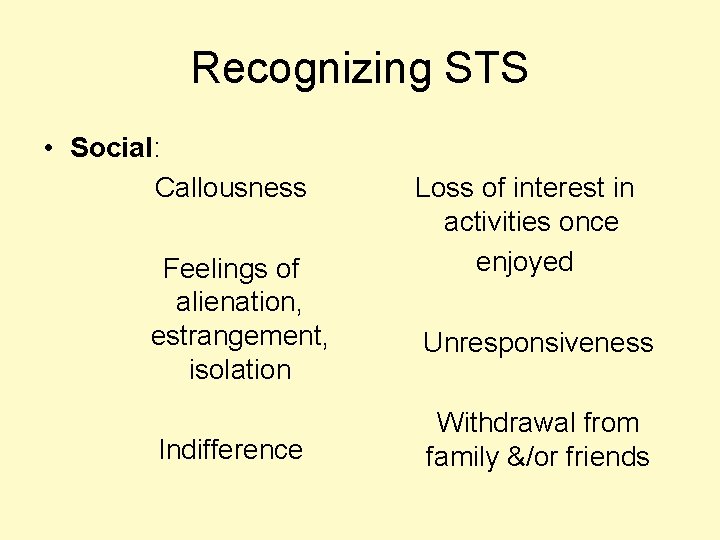 Recognizing STS • Social: Callousness Feelings of alienation, estrangement, isolation Indifference Loss of interest