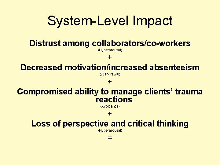 System-Level Impact Distrust among collaborators/co-workers (Hyperarousal) + Decreased motivation/increased absenteeism (Withdrawal) + Compromised ability