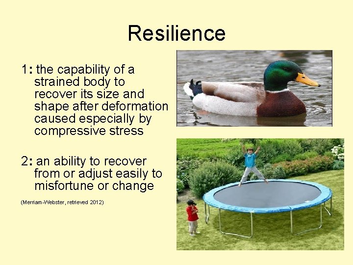 Resilience 1: the capability of a strained body to recover its size and shape