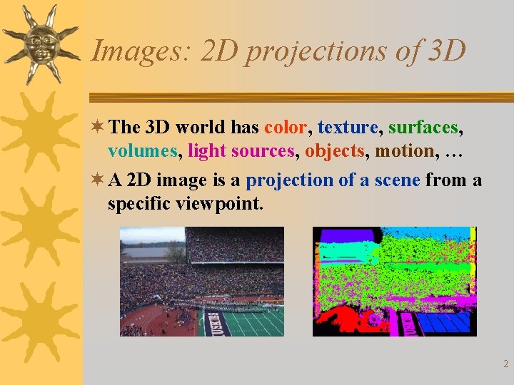 Images: 2 D projections of 3 D ¬ The 3 D world has color,